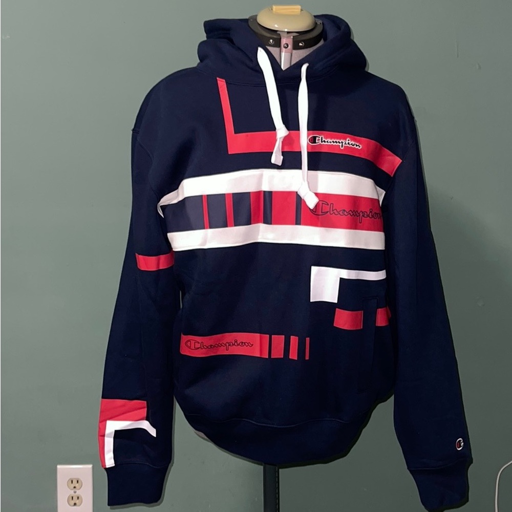CHAMPION SCRIPT LOGO STRIPE REVERSE WEAVE ORGANIC COTTON HOODIE size L